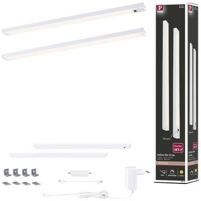 Kit d'éclairage LED comprenant deux lampes longues, alimentation électrique, supports de fixation et emballage. Fonctions de capteur et de variateur de luminosité incluses.