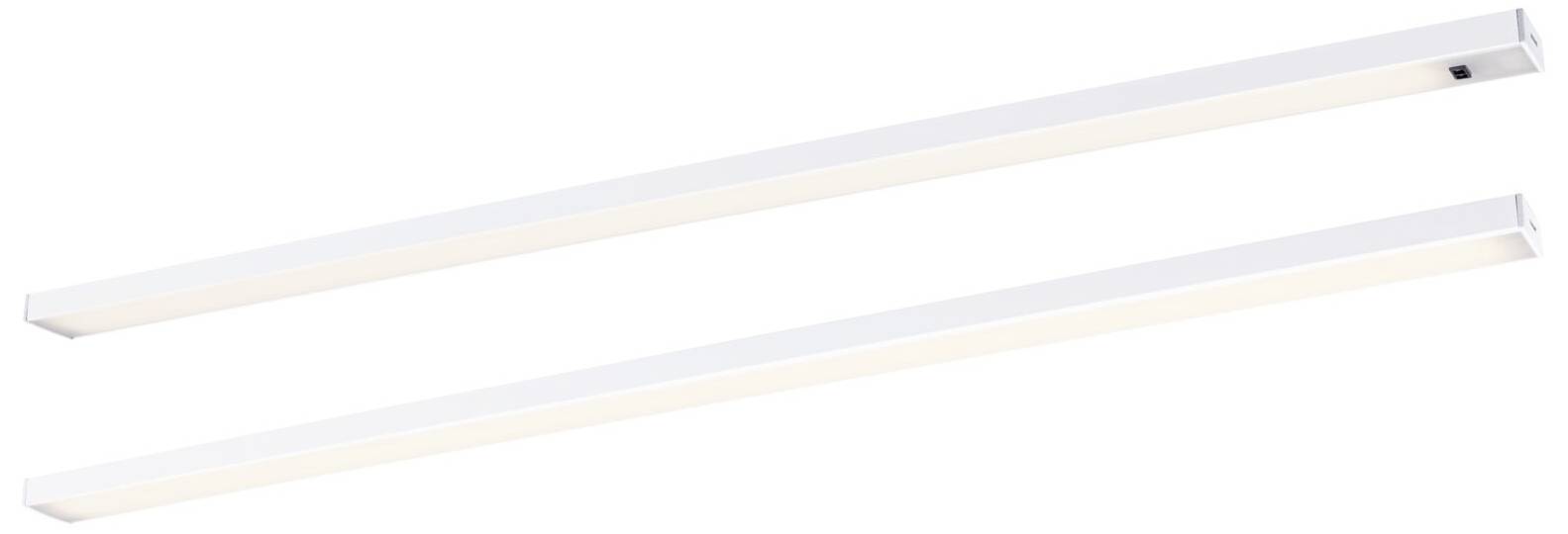 Deux rampes lumineuses LED blanches dans un design simple et moderne, légèrement disposées en diagonale les nes à côté des autres sur un fond blanc.