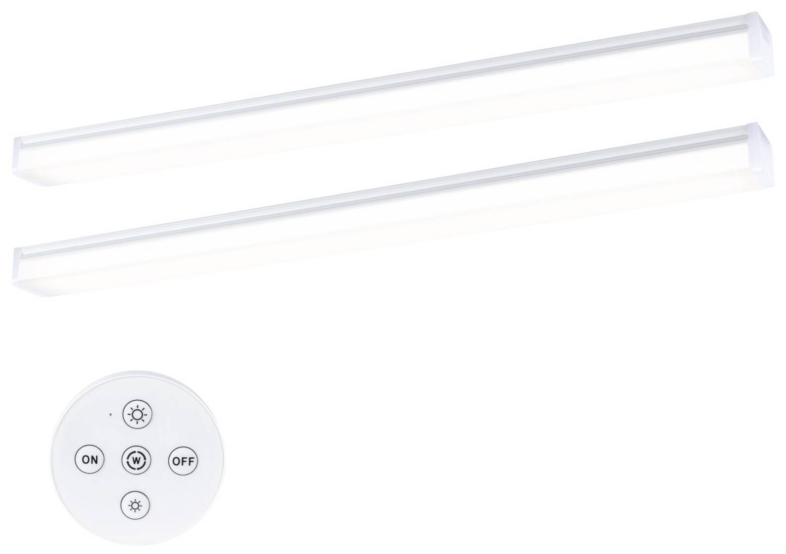 Deux barres lumineuses à LED avec une télécommande ronde. La télécommande dispose de quatre touches pour la mise en marche, l'arrêt et les réglages de luminosité.