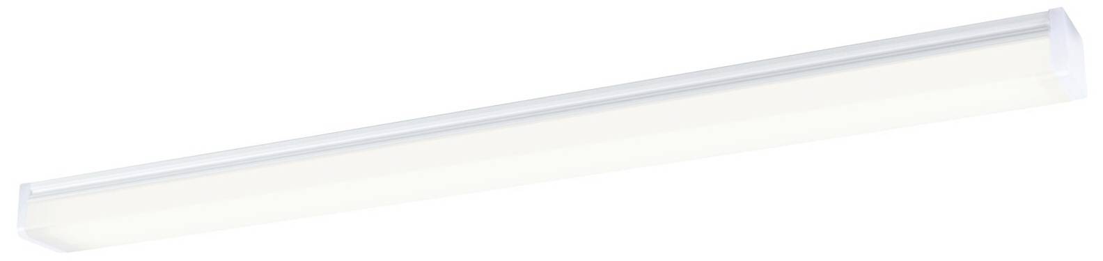 Un luminaire LED long et étroit émettant une lumière blanche, adapté à une installation au plafond à l'intérieur.