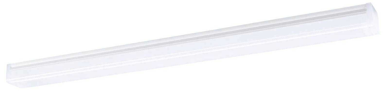 Un luminaire LED blanc au design allongé, élancé et moderne, adapté à une installation au plafond.