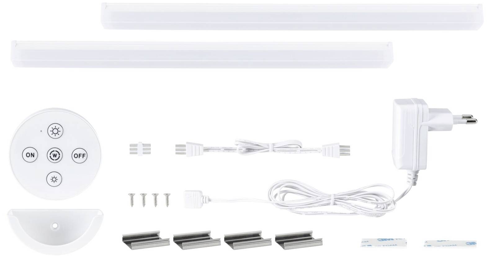 Ensemble de réglettes LED comprenant deux réglettes, télécommande, alimentation, accessoires de montage et câbles. Idéal pour l'éclairage sous les meubles.