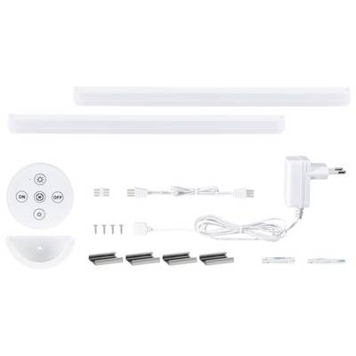 Ensemble de réglettes LED comprenant deux réglettes, télécommande, alimentation, accessoires de montage et câbles. Idéal pour l'éclairage sous les meubles.