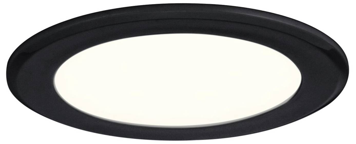 Panneau LED encastrable plat et rond à cadre noir, adapté à l'éclairage intérieur moderne.