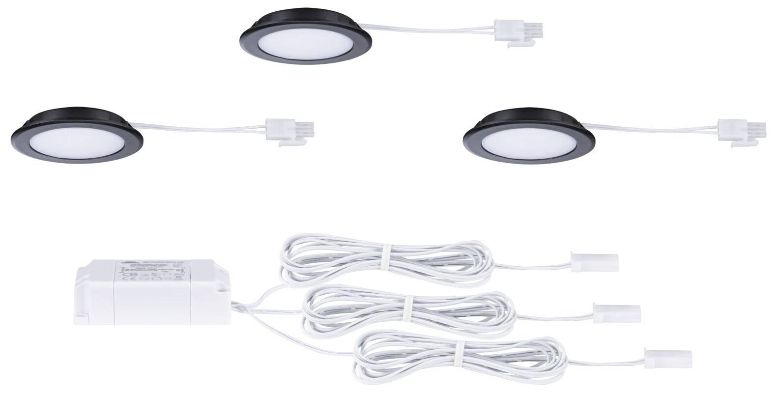 Trois luminaires LED ronds encastrables avec bordure noire, connectés à un bloc d'alimentation par des câbles blancs, destinés à l'éclairage de cuisine.