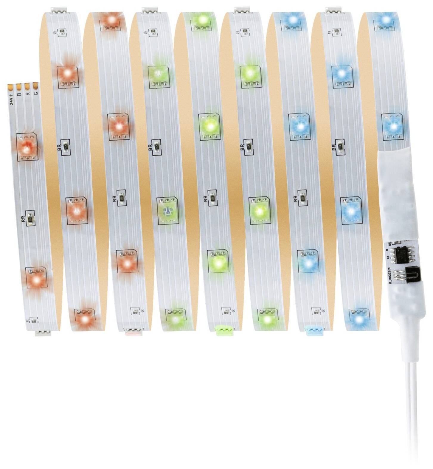 Une barre lumineuse à LED avec des lumières multicolores en bleu, vert et rouge, disposées à intervalles réguliers.
