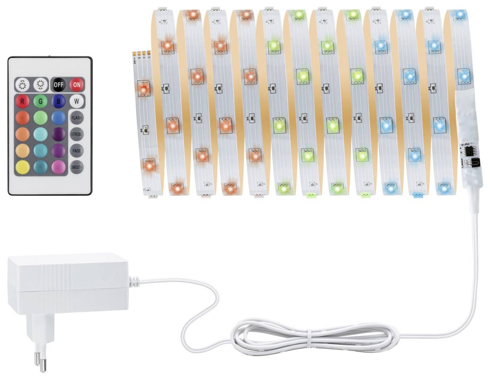 Bande lumineuse LED et télécommande avec choix de couleur. Alimentation avec connexion par câble. Idéal pour un éclairage décoratif.