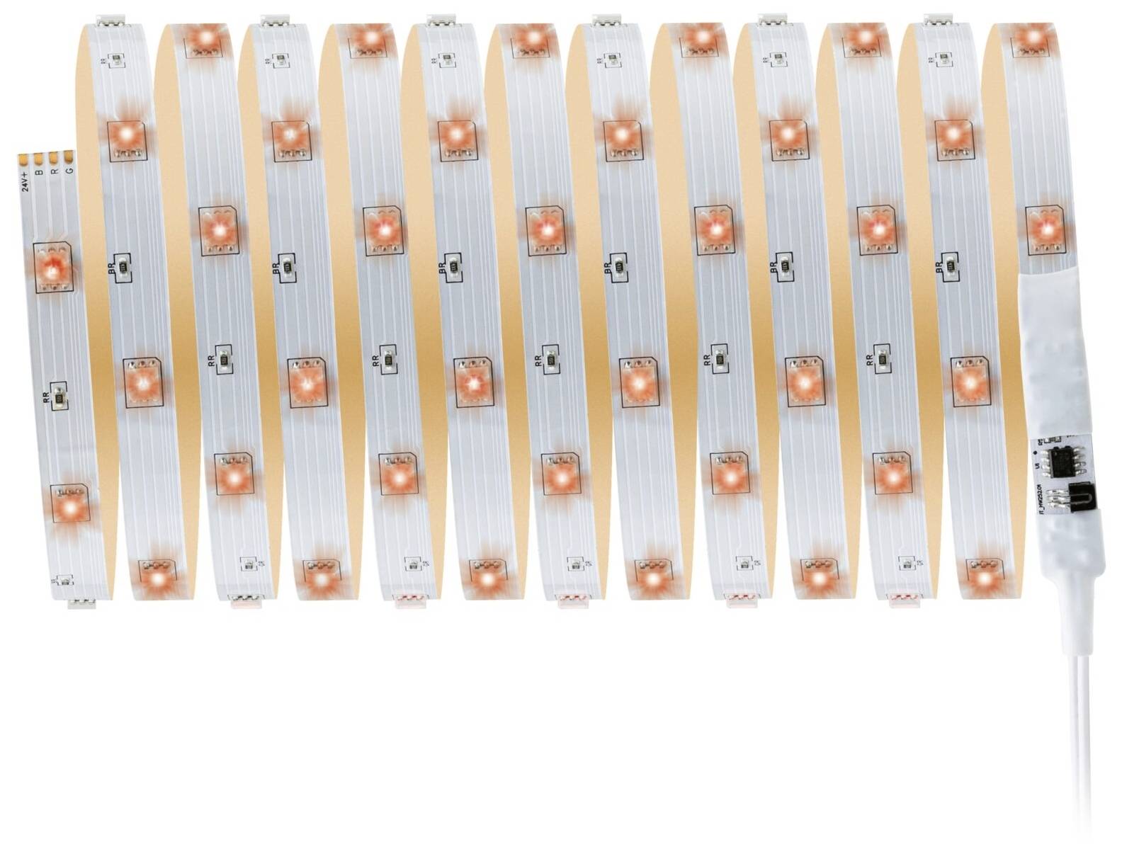 Bande lumineuse LED avec diodes rouges disposées à intervalles réguliers sur un ruban flexible. Idéale pour un éclairage décoratif ou fonctionnel.