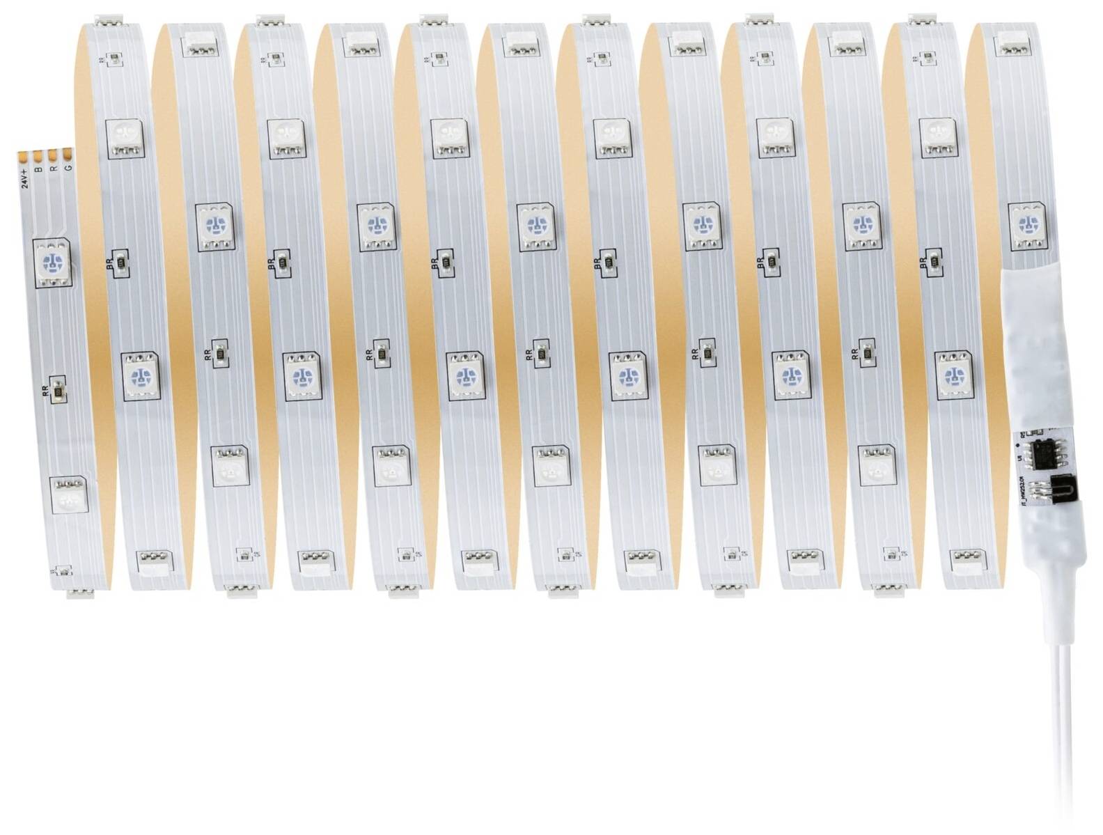 Une bande LED enroulée avec des contacts couleur cuivre et des LED blanches est représentée. Un câble blanc s'étend depuis le bord de la bande.