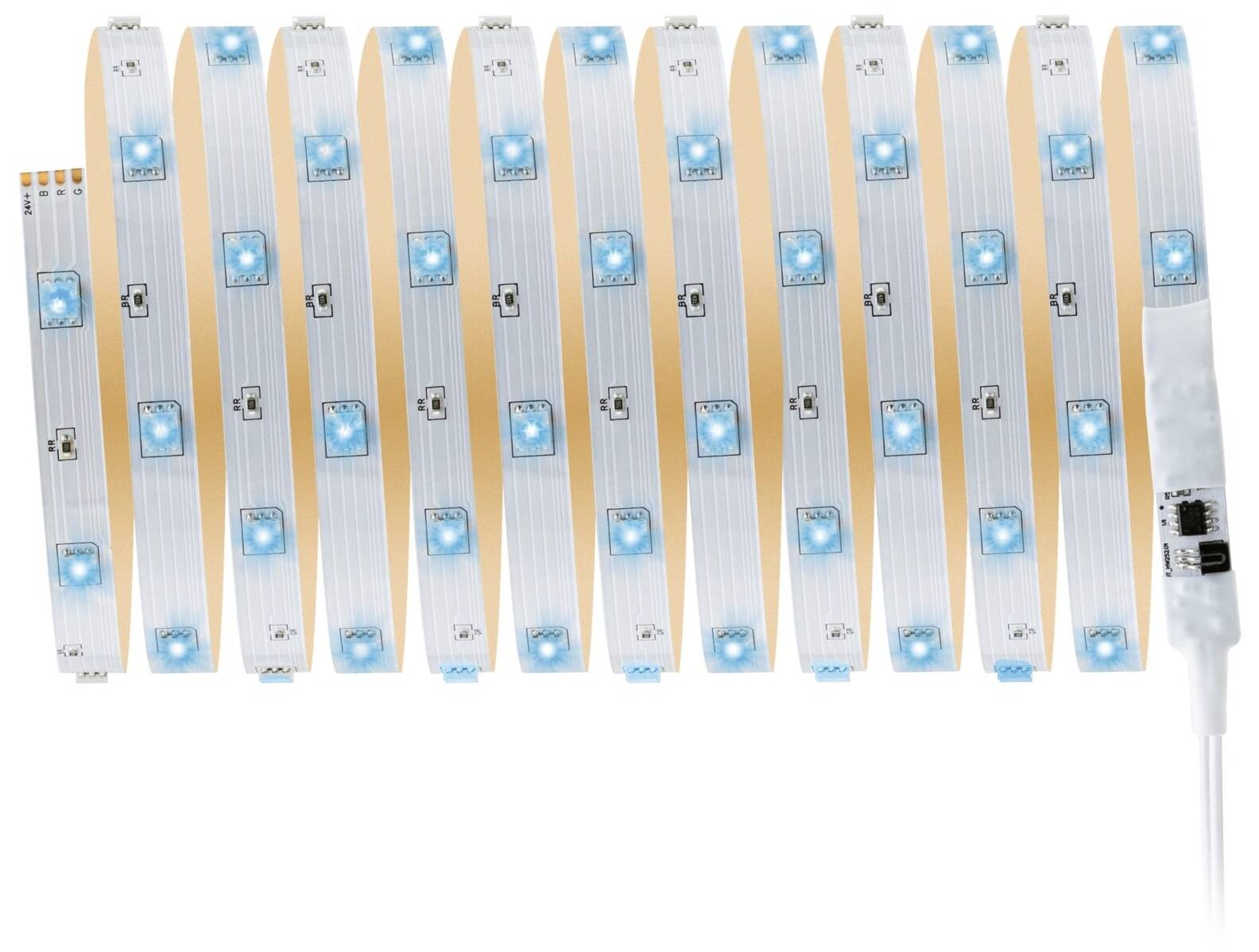 Bande lumineuse à LED disposée en zigzag avec des LED bleues et blanches, adaptée à l'éclairage décoratif.