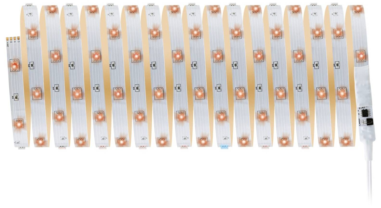 Ruban LED de couleur cuivre avec des diodes rouges alignées, offrant un éclairage décoratif et des accents élégants.