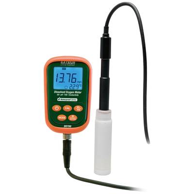 Appareil portable de mesure d'oxygène avec affichage numérique, indiquant '13,76 mg/L à 22,9°C'. Un capteur y est connecté.