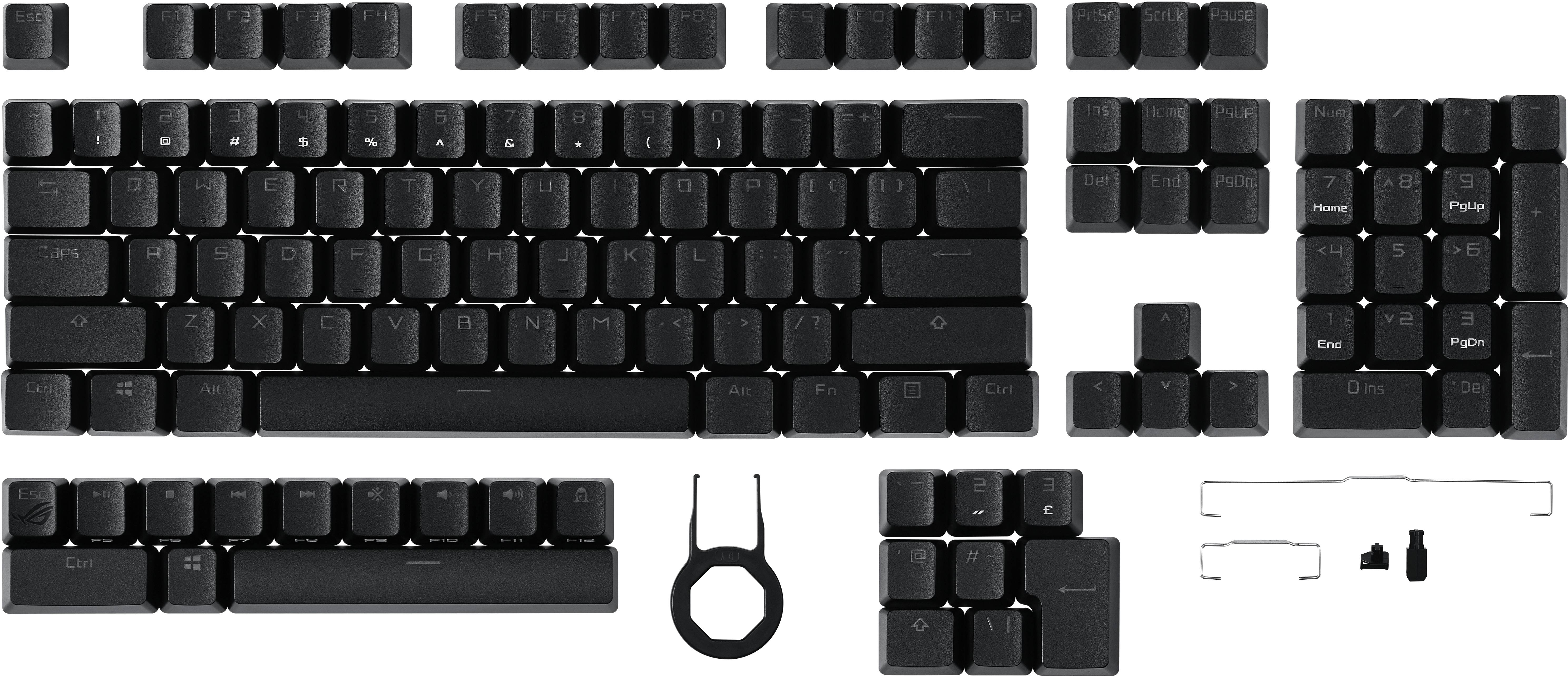 Clavier noir avec touches amovibles, différentes dispositions et un extracteur de touches. Adapté pour la personnalisation et la personnalisation.