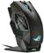 Une souris de gaming noire avec des accents bleus lumineux et un câble, posée sur un petit socle.