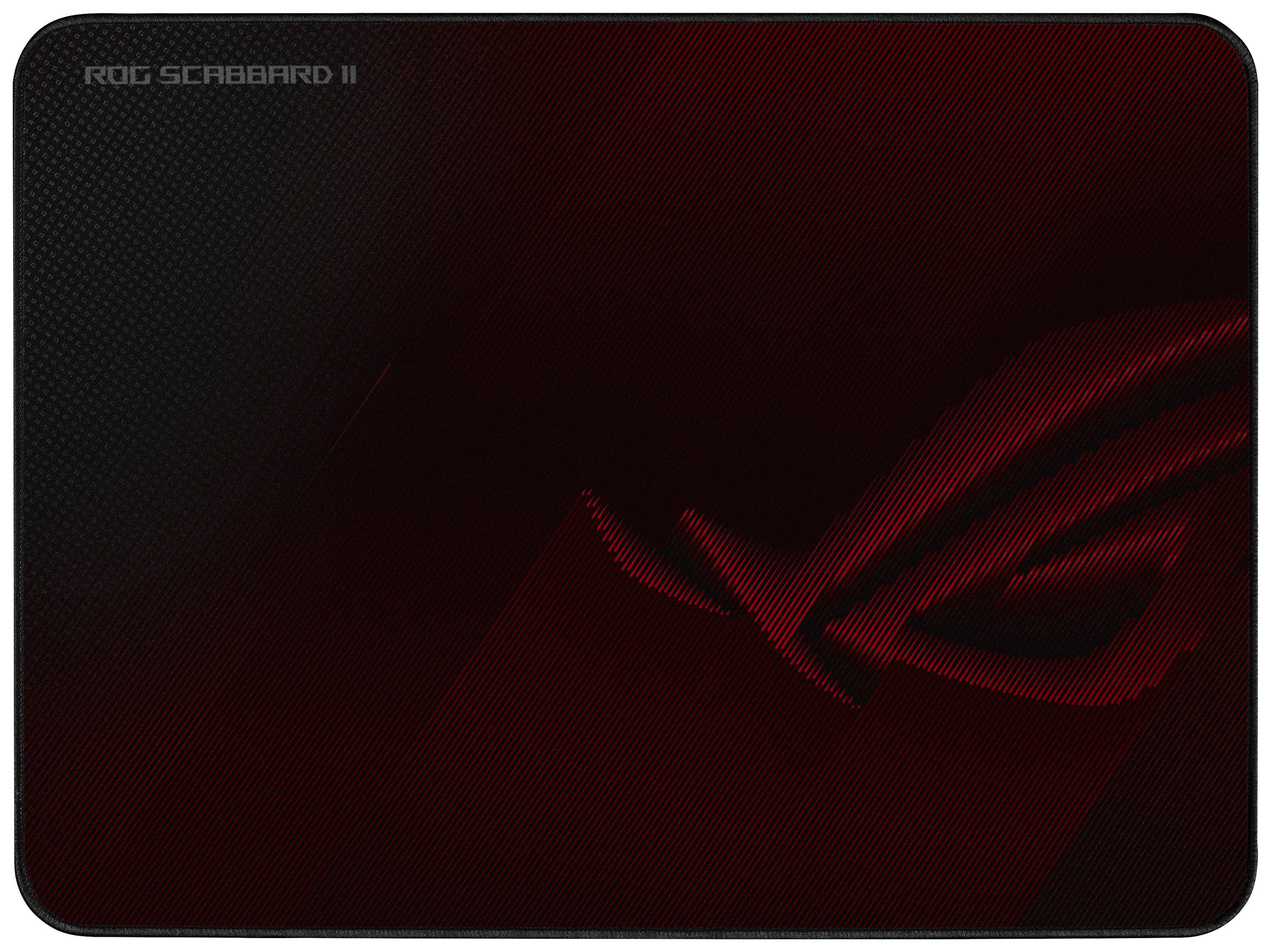 Un tapis de souris ROG rouge portant l'inscription 'ROG SCABBARD II' en haut à gauche et un logo stylisé à droite.