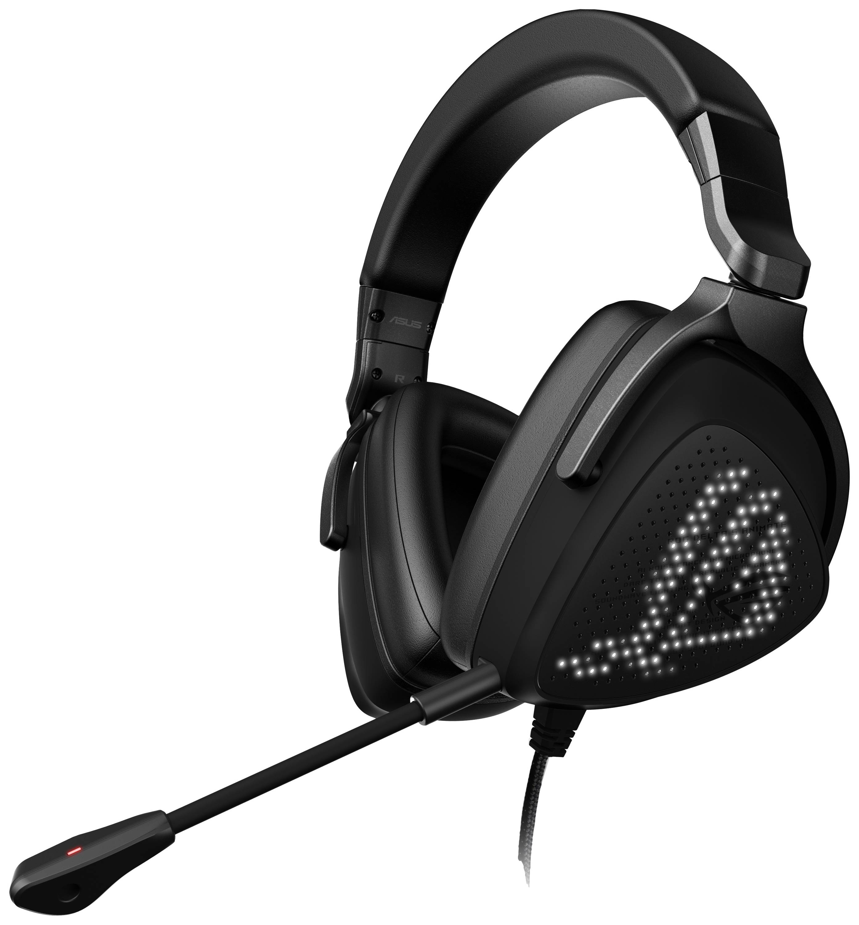 Casque de gaming noir avec un écran à matrice de points affichant un 'A' stylisé. Microphone ajustable avec un indicateur de sourdine rouge.