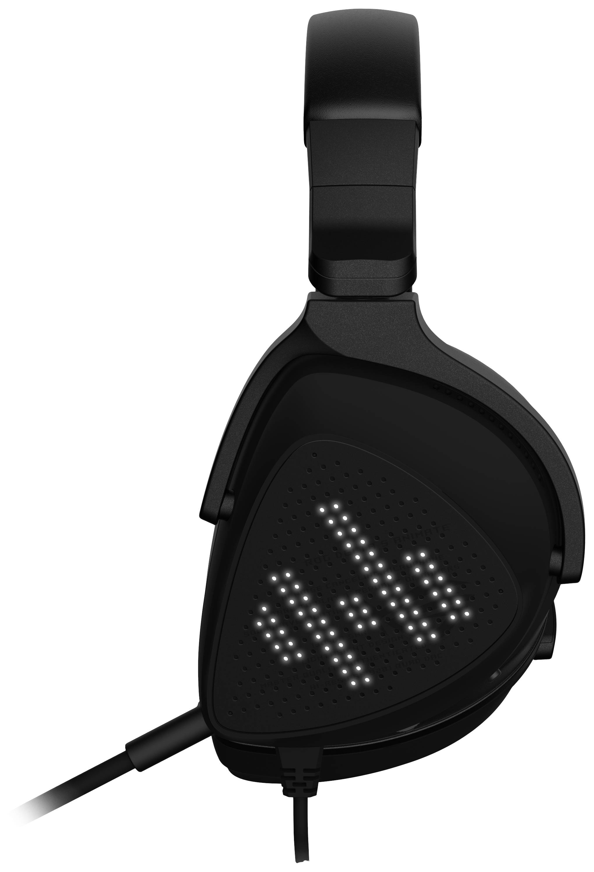 Casque filaire noir avec indicateur LED en forme de signal audio sur le pavillon de l'écouteur.