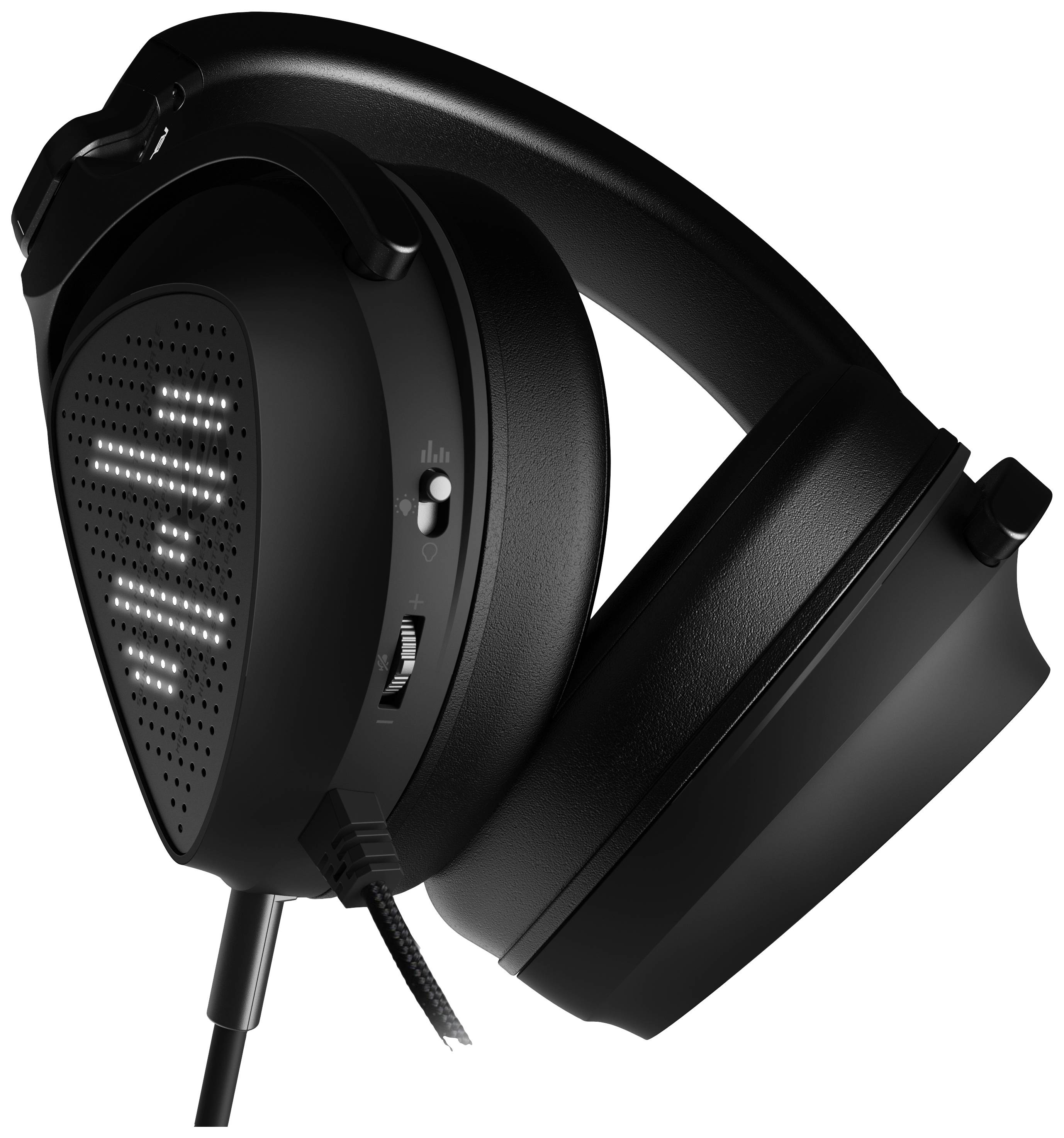 Casque noir over-ear avec un design moderne, un contrôle de volume latéral et un bandeau rembourré, vue de côté.