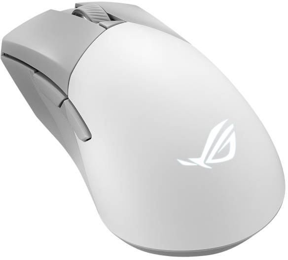 Souris de gaming sans fil blanche avec logo rétroéclairé sur le dessus. Design ergonomique avec touches latérales sur le côté gauche.