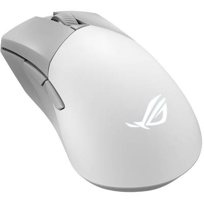 Souris de gaming sans fil blanche avec logo rétroéclairé sur le dessus. Design ergonomique avec touches latérales sur le côté gauche.