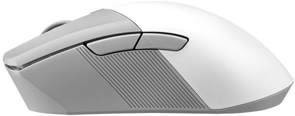Une souris d'ordinateur sans fil blanche avec deux boutons latéraux, un design ergonomique et une prise en main texturée.