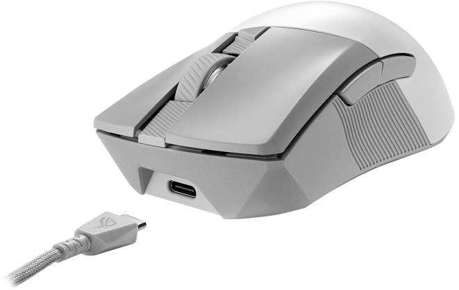 Une souris d'ordinateur blanche, sans fil, avec connexion USB, accompagnée d'un câble USB détachable, idéale pour le gaming et les applications de bureau.