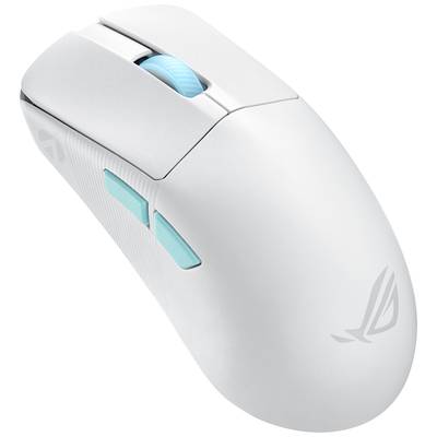Souris d'ordinateur blanche, ergonomique, avec des touches d'accentuation bleues et une molette de défilement, conçue pour les joueurs ; logo ROG à l'avant.