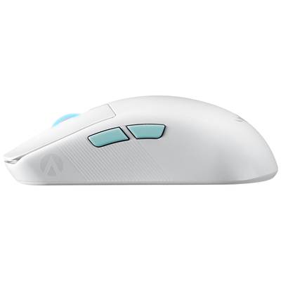 Souris d'ordinateur blanche avec deux boutons bleus sur le côté, design minimaliste.