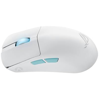 Souris de gaming blanche avec deux boutons latéraux et molette de défilement rétroéclairée en bleu. Design ergonomique à surface lisse.