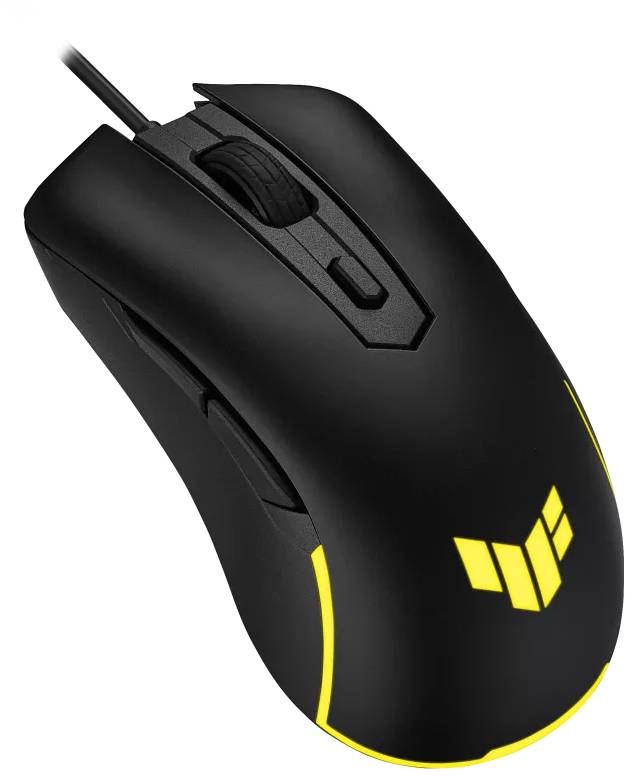 Une souris d'ordinateur noire avec un logo jaune et une molette de défilement rétroéclairée.
