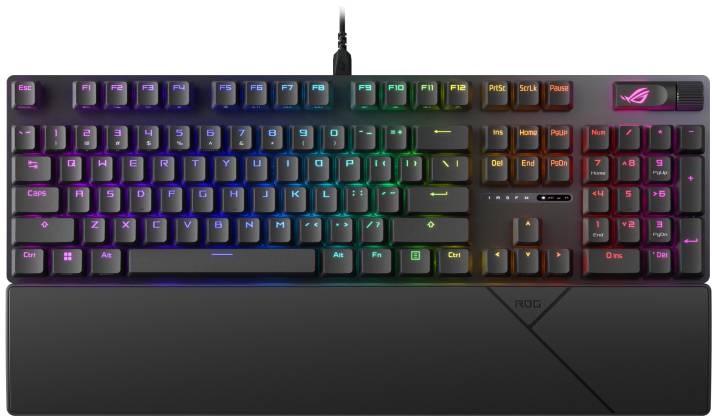 Clavier mécanique avec rétroéclairage RVB, connecté par câble. Des LED colorées illuminent les touches.