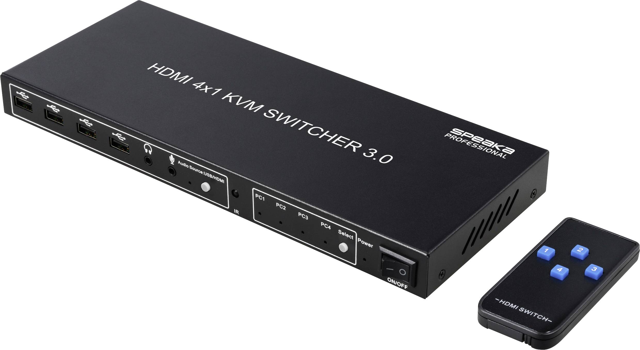 Commutateur KVM HDMI 4x1 noir avec ports avant et boutons de commande, présenté avec une petite télécommande sans fil.