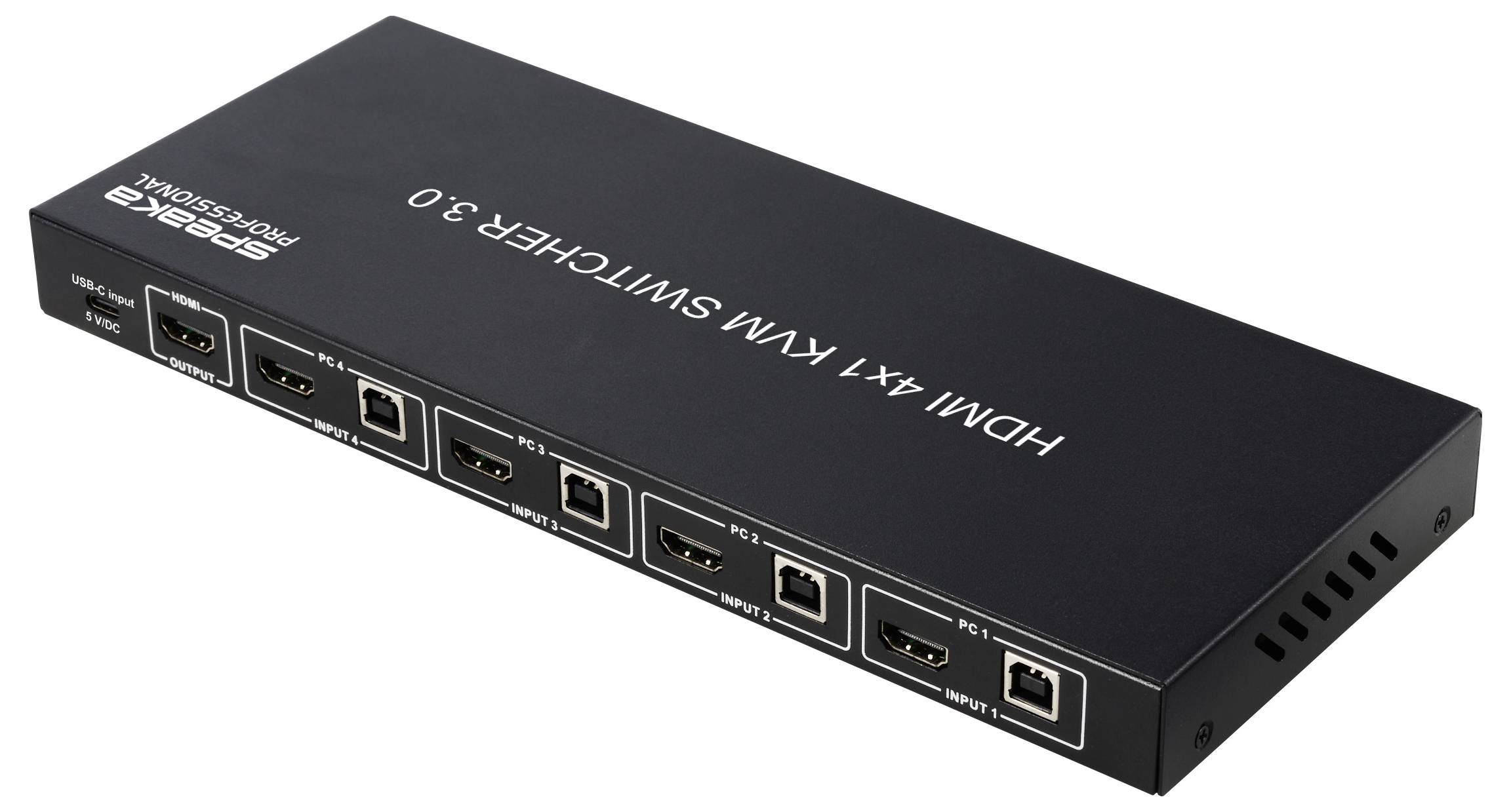 Commutateur matrice HDMI noir avec huit ports d'entrée/sortie étiquetés 4x4, pour l'acheminement de plusieurs sources HDMI vers plusieurs écrans.