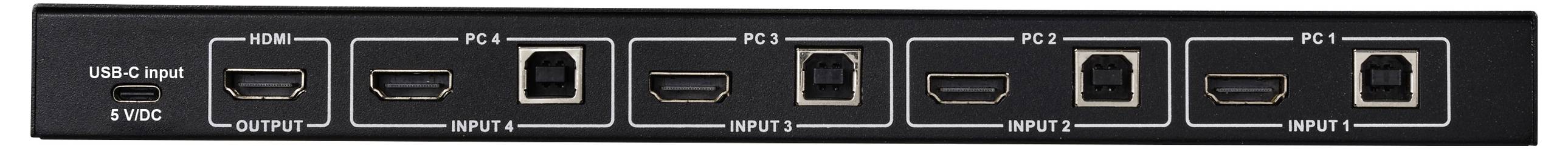 Gros plan d'un panneau arrière d'appareil avec des ports étiquetés : entrée USB-C, sortie HDMI, entrée 5 V DC, et quatre ports Ethernet marqués PC 4, PC 3, PC 2 et PC 1.