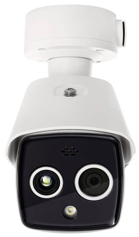 Caméra de surveillance à double objectif et microphone, montée sur un support mural, destinée à la sécurité et à la surveillance.