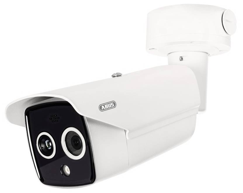 Caméra de surveillance blanche et rouge à deux objectifs, montée au plafond, avec le nom de marque 'Abus' visible.
