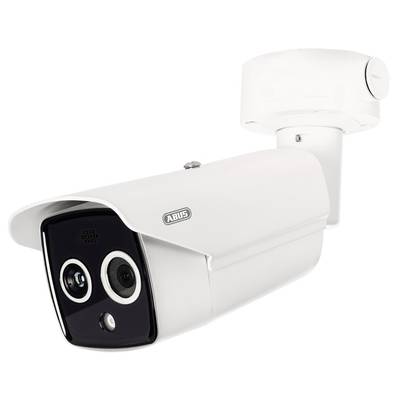 Caméra de surveillance blanche et rouge à deux objectifs, montée au plafond, avec le nom de marque 'Abus' visible.