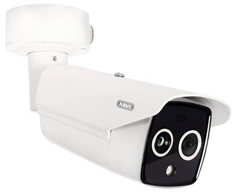 Une caméra de surveillance blanche avec bras articulé, adaptée à l'extérieur. Elle dispose de deux objectifs et d'un capot de protection.