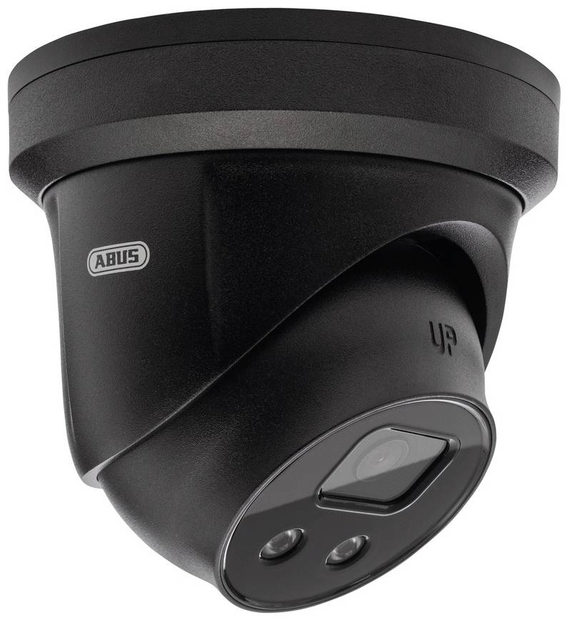 Caméra de surveillance en noir avec deux objectifs et logo de marque, montée au plafond.