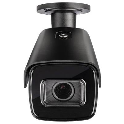 Caméra de surveillance noire fixée à un support de plafond, objectif bien visible au centre, adaptée à la surveillance de sécurité en intérieur ou en extérieur.