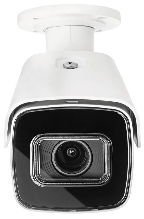 Caméra de surveillance blanche avec un avant noir et un objectif, fixée au plafond. Capture et surveille la zone située en dessous.