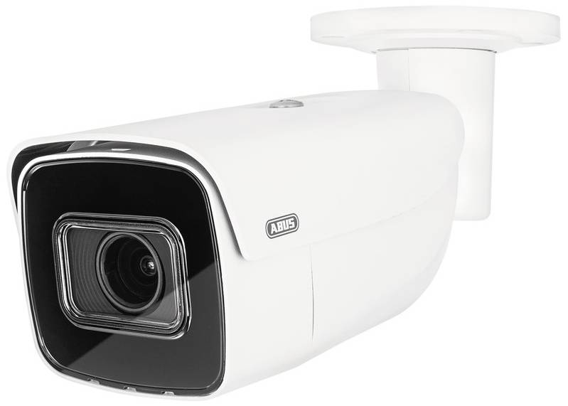Caméra de surveillance blanche pour montage au plafond avec zone d'objectif noire.