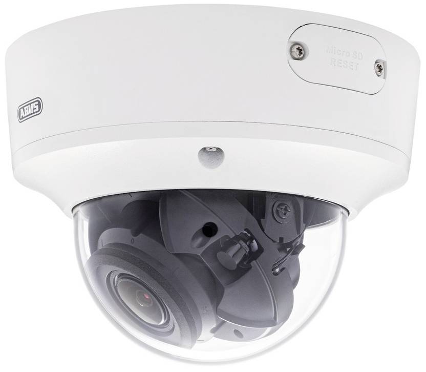 Une caméra de surveillance dôme blanche avec un boîtier transparent révèle son intérieur. Le boîtier comporte deux vis et un emplacement pour carte Micro-SD.