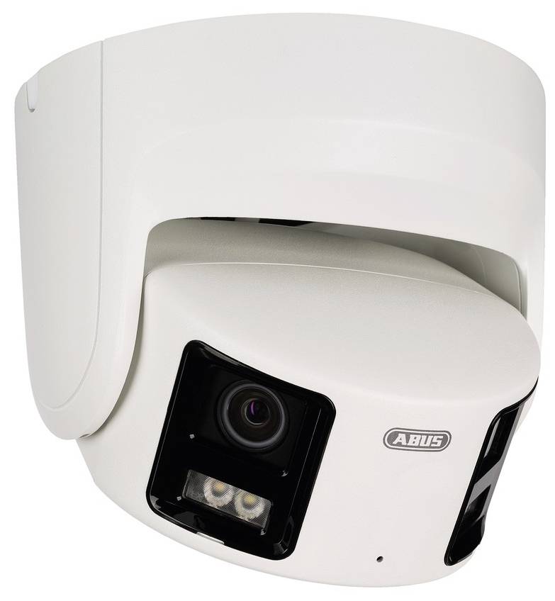 Une caméra de surveillance blanche avec le logo de la marque, pivotée sur le côté, présente un design moderne et compact.