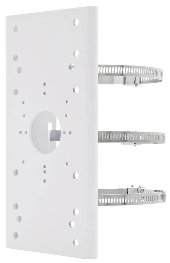 Support de montage rectangulaire blanc avec plusieurs trous de fixation et deux colliers de serrage métalliques sur le côté pour la fixation sur des mâts.