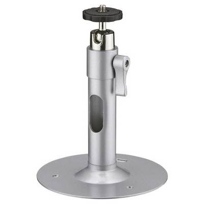 Un support de caméra en argent avec une base ronde et un articulation réglable en hauteur, adapté pour la fixation de caméras de surveillance.