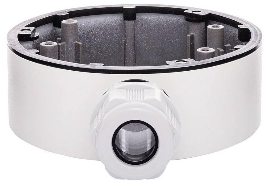 Base métallique d'une caméra de surveillance avec ouverture de raccordement de câble, utilisée pour la fixation et le câblage sécurisés de la caméra sur les murs.