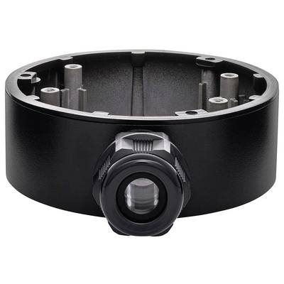 Boîtier métallique noir, rond, doté de plusieurs trous de fixation et d'un connecteur central pour câble ; composant technique.