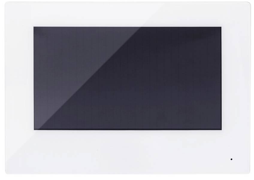 Un écran rectangulaire sur un fond blanc, éteint, affichage sombre.