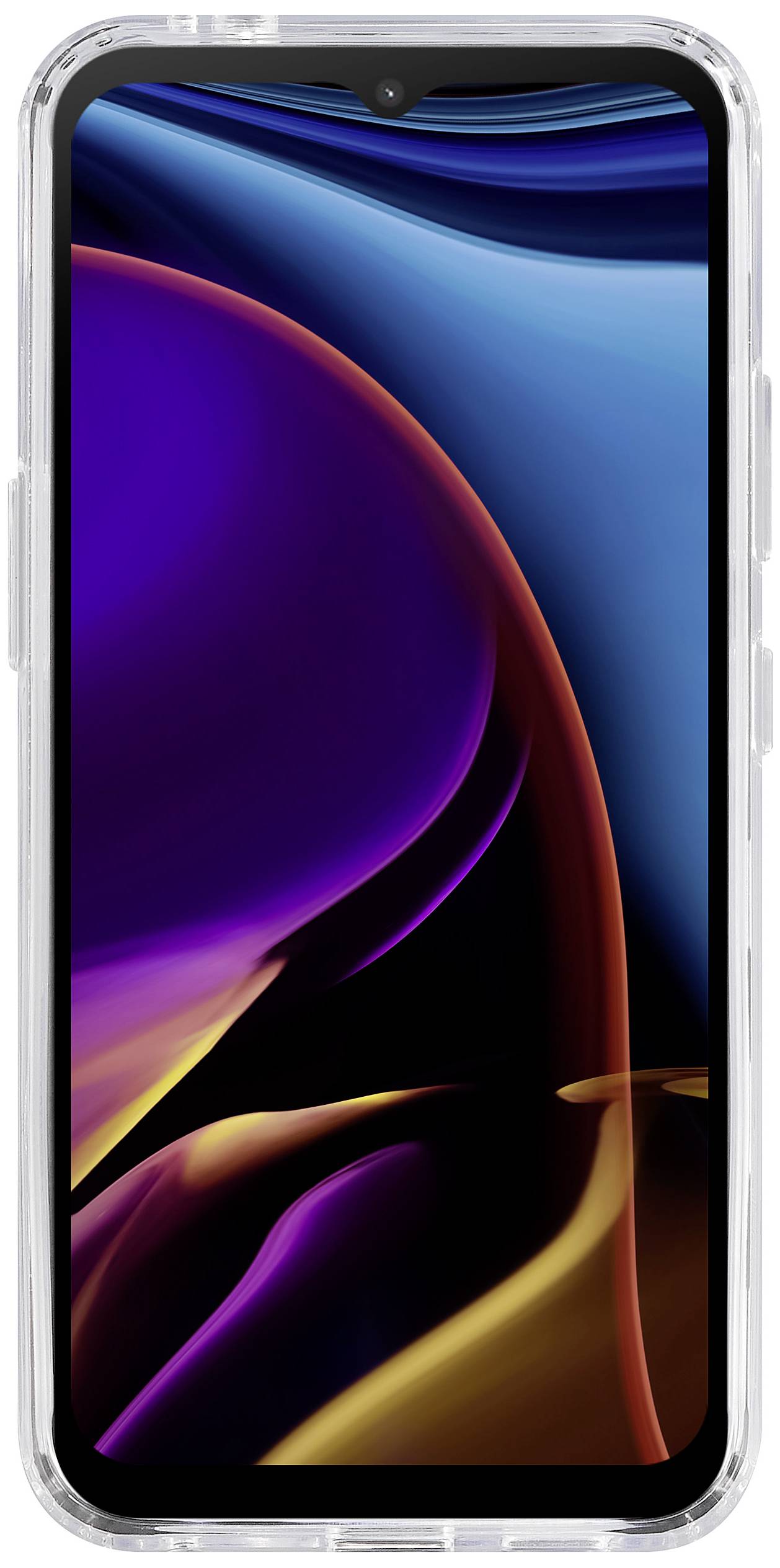 Un smartphone avec un grand écran dans un étui de protection transparent. L'écran affiche des lignes colorées dans des tons sombres.
